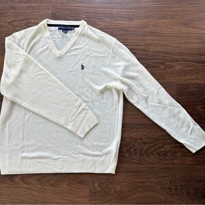 U.S. Polo Assn. Cream V-Neck Sweater with Navy Pony Logo